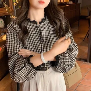 vicky~Xเวอร์ชั่นเกาหลี วินเทจ ลูกไม้ คอกลม แขนยาว ตาราง เสื้อเชิ้ต รุ่นใหม่