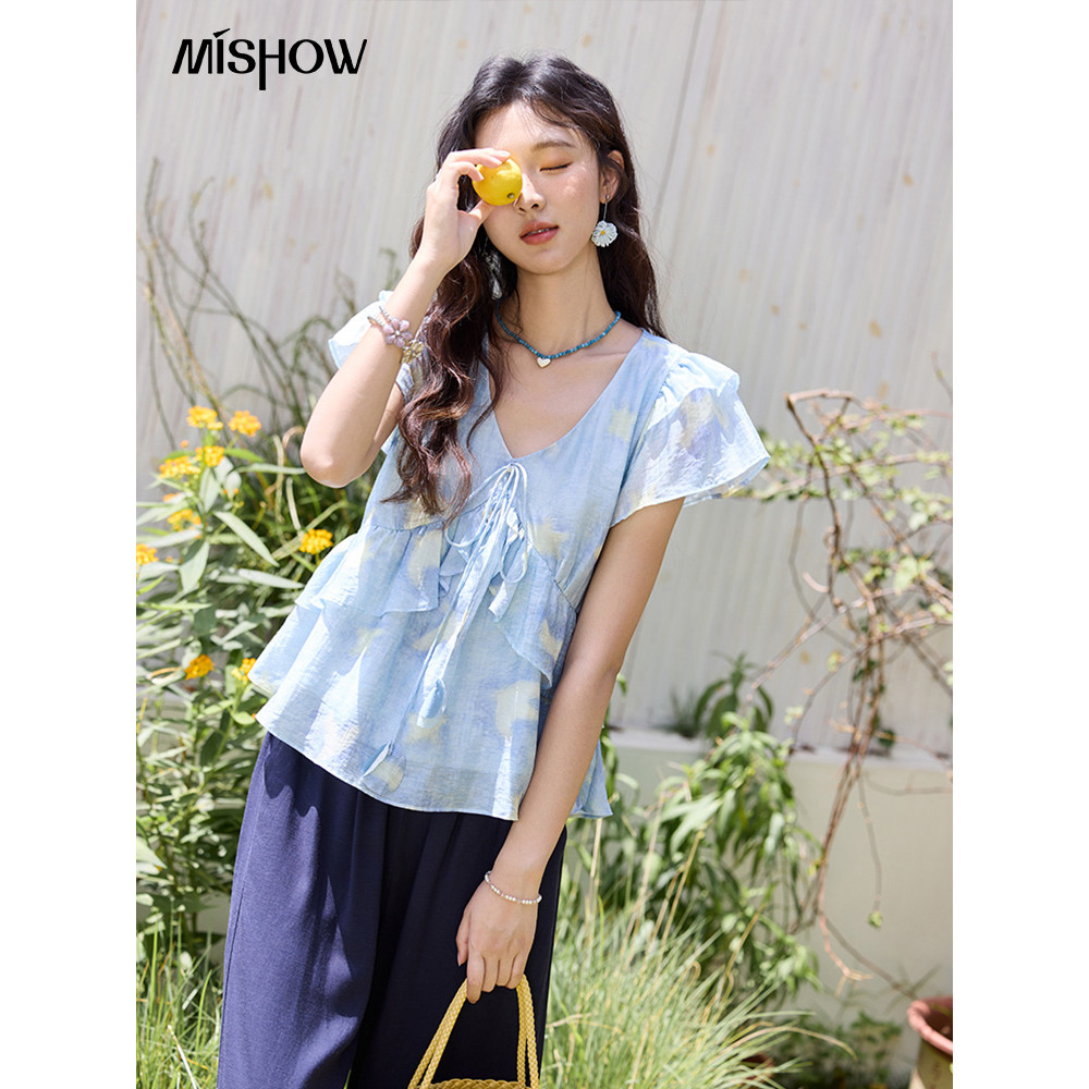 MISHOW 2026 ฤดูร้อนใหม่ Slimmer ดู Breathable Double Ruffled Tencel ผ้าลินินเสื้อคอวี