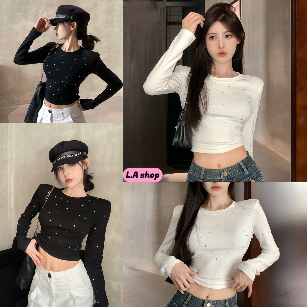 L.A Shop★เสื้อคุณภาพดี เสื้อผ้าผู้หญิง เสื้อแขนยาว แต่งเพชร  ทรงรัดพอดี ผ้าใส่สบาย FY5003
