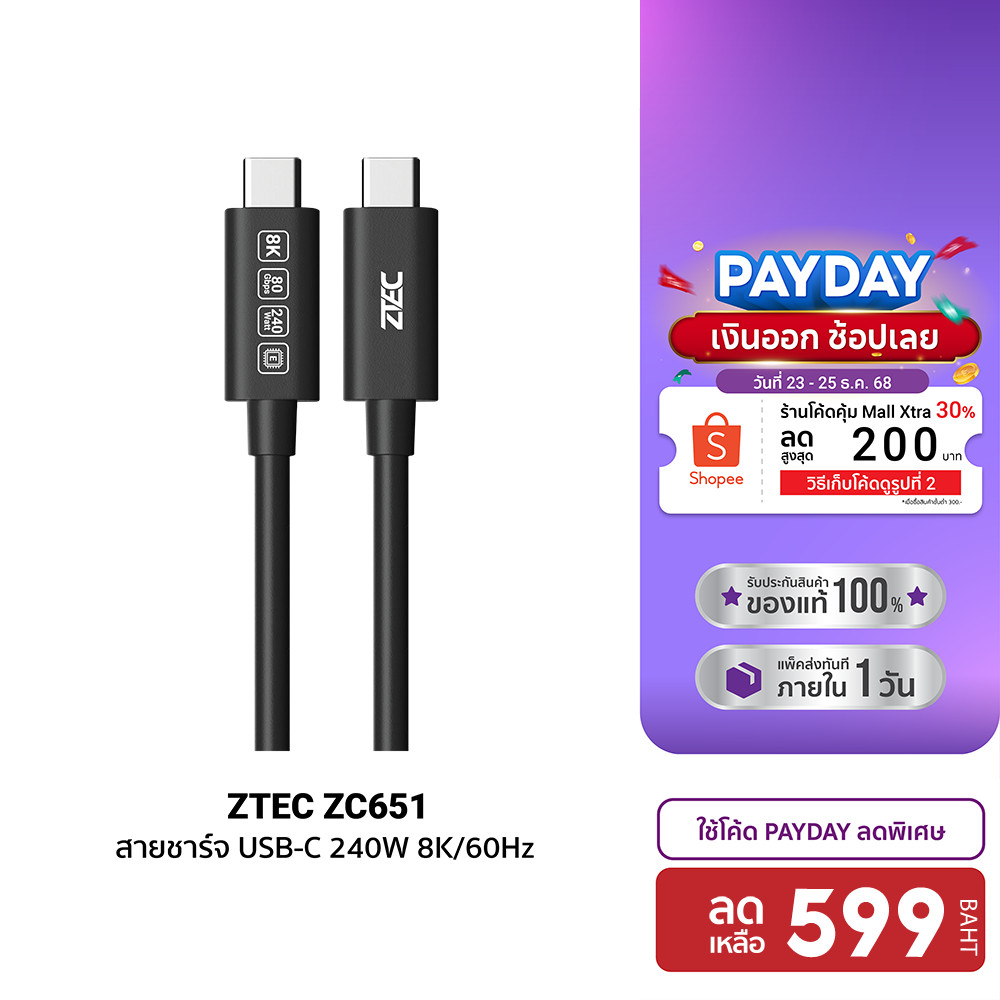 [ลดเหลือ 599] ZTEC Thunder 5 Cable ZC651 สายชาร์จ ส่งข้อมูล 80Gbps USB4 240W 8K/60Hz -24M