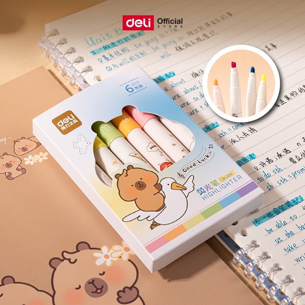ชุดปากกาไฮไลท์ลายคาปิบาร่า Deli รุ่น BL004 สีน่ารัก สดใส (1 ชุด/ 6 สี)(จำหน่าย 1 กล่อง)