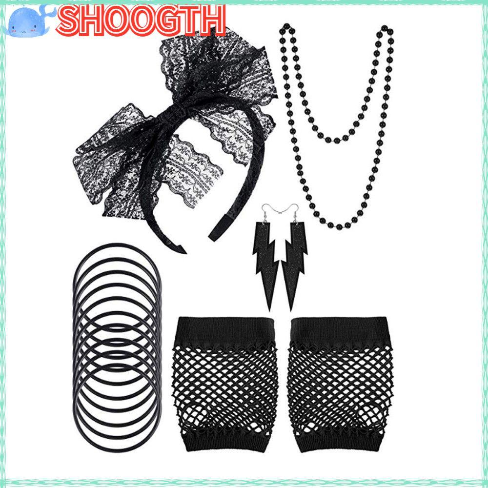 SHOOGTH 80s Fancy 80s Party Headband Retro Fishnet Gloves