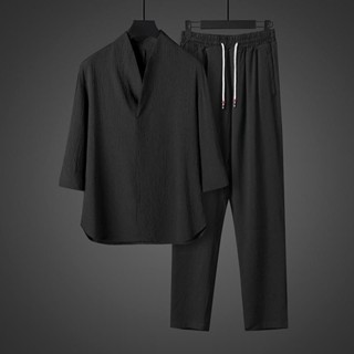 ชุดลำลองผู้ชายสองชิ้น แขนยาวกลาง แบบลายชาติพันธุ์ ผ้าไหมน้ำแ…