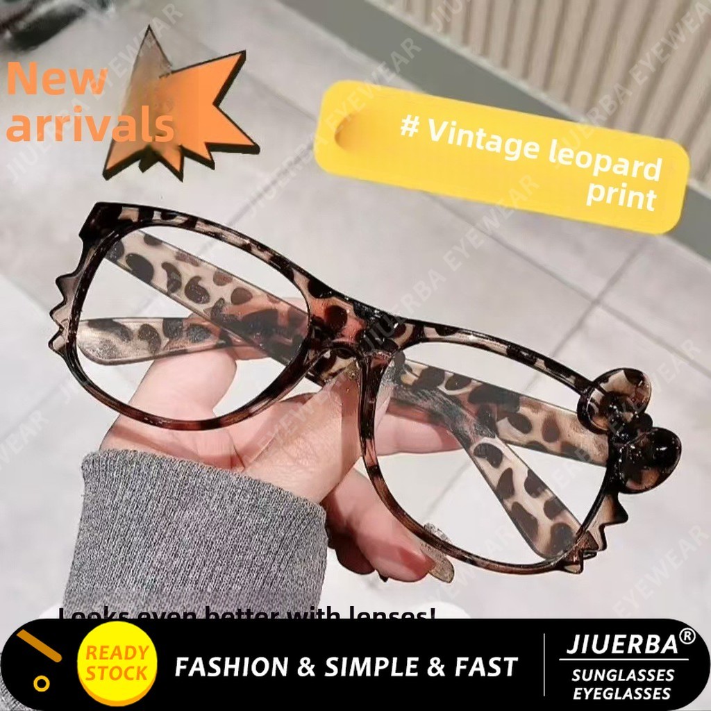 (JIUERBA) Womens Cat Ear Glasses Frame - Purple Leopard Print with Bow, Y2K Retro Fashion Accessory for Cute Photoshoots