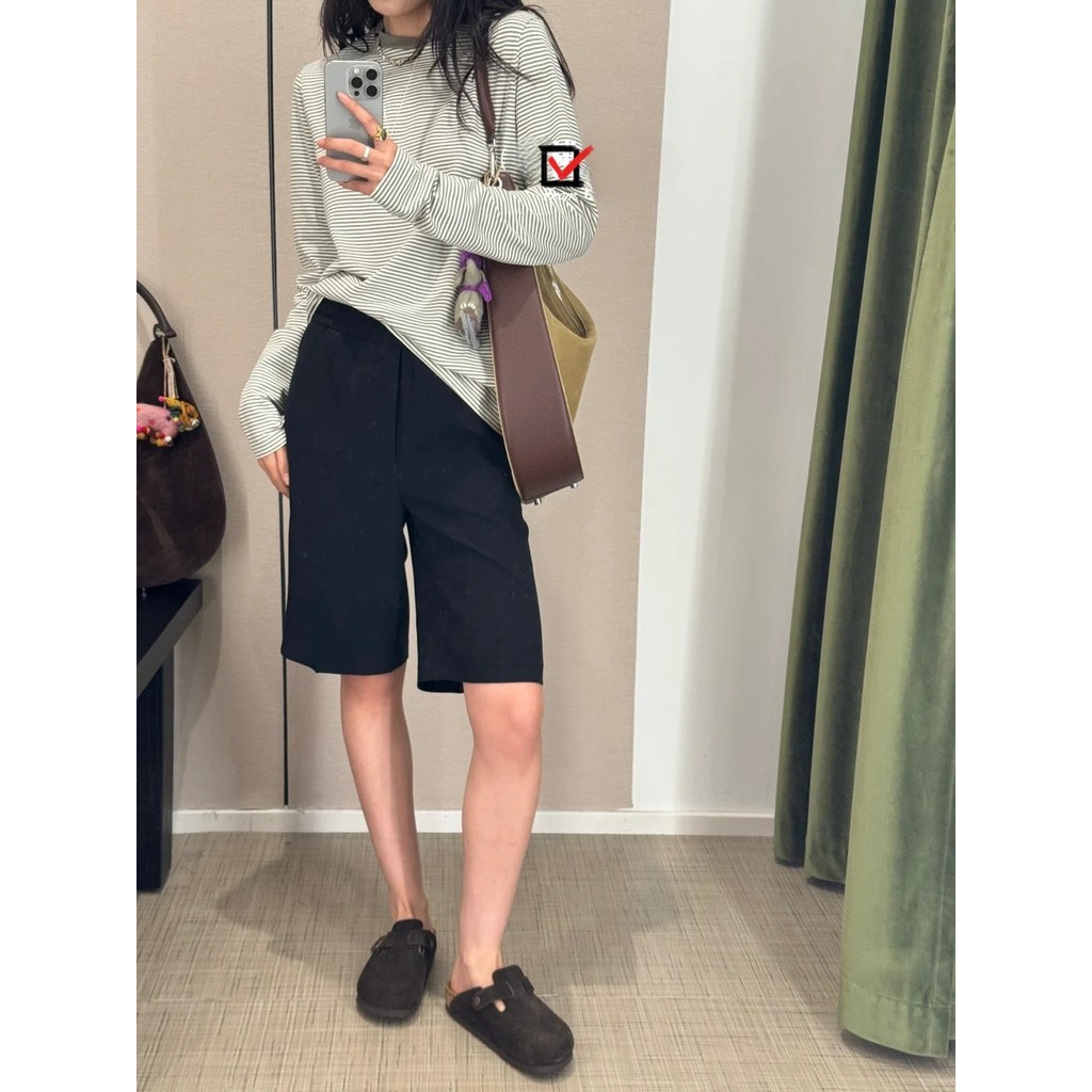 [SR-STUDIO] AB โลโก้ขนาดเล็กปักคลาสสิกลายรอบคอหลวมแขนยาว T ผ้าฝ้ายแท้ Niche HI0F