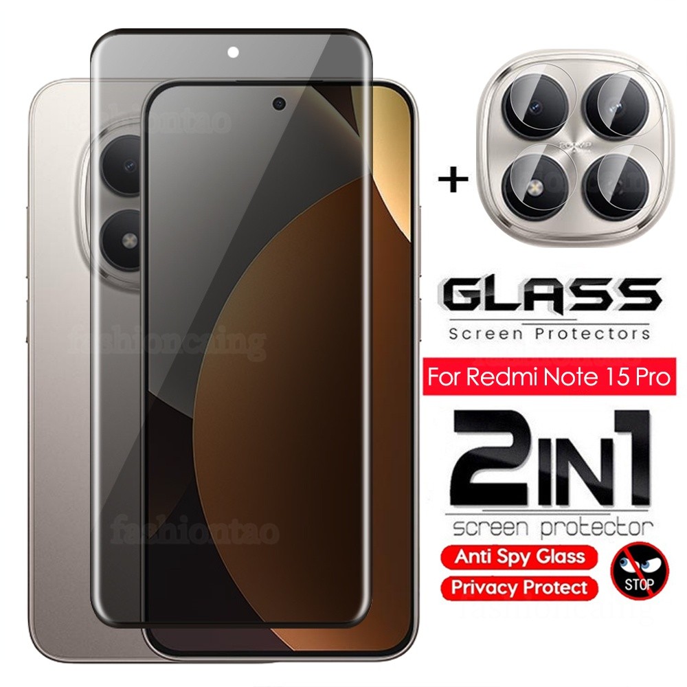 2 in 1 ความเป็นส่วนตัวกระจกนิรภัยป้องกันหน้าจอด้านหน้าฟิล์มสําหรับRedmiหมายเหตุ 1 5 15 Pro Plus 15ProPlus 15Pro + Note15 Pro Note15Pro + Note15Proplusกล้องกลับเลนส์ฟิล์ม