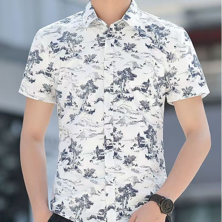 ชายเสื้อคอตั้งแขนสั้นปุ่มพิมพ์สีทึบดอกไม้สบาย ๆ บวกขนาดเสื้อเชิ้ต 2 สีวันสงสัย M-3XL เทศกาลสงกรานต์