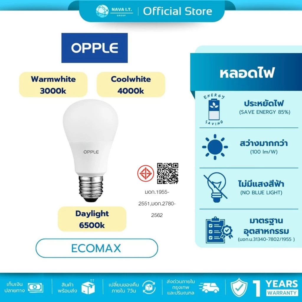 (มีส่งด่วน) OPPLE หลอดไฟ LED BULB ขั้ว E27 EcoMax 5W/7W/9W/12W/14W แสง 3 สี ถนอมสายตา รับประกัน 1 ปี