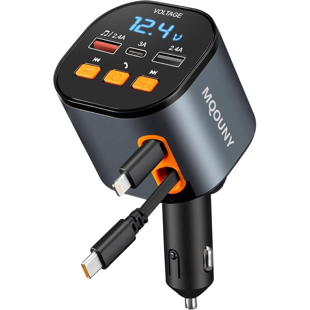 ที่ชาร์จในรถยนต์แบบยืดหดได้,5 in 1 Fast Cars Phone Charger 90W,Bluetooth 5.3 FM Transmitter Adapter,