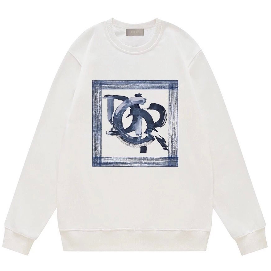 Burberry DIOR เสื้อกันหนาวผู้ชาย Street Wear Ink Rendering Blue White Porcelain โลโก้สแควร์พิมพ์รอบค