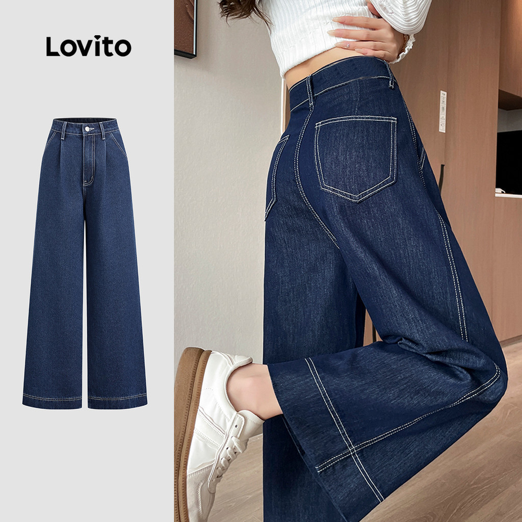 Lovito กางเกงยีนส์สบายกระเป๋า ช่วงฤดูใบไม้ผลิ/ร้อน สีน้ำเงินเข้ม สำหรับผู้หญิง L149LD400