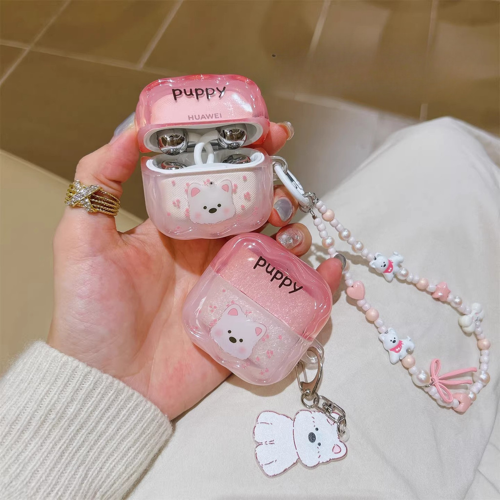 สําหรับ Huawei Freeclip2 2025 เคสคลื่นแบบนุ่มน่ารักการ์ตูนสีชมพูลูกสุนัขสุนัขพร้อมจี้โซ่ Huawei Freeclip SE2 se3 6i หูฟังไร้สายบลูทูธเคสป้องกัน