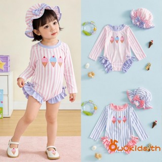 เด็กวัยหัดเดินสาว Rash Guard ชุดว่ายน้ําแขนยาวไอศกรีมเย็บปัก…