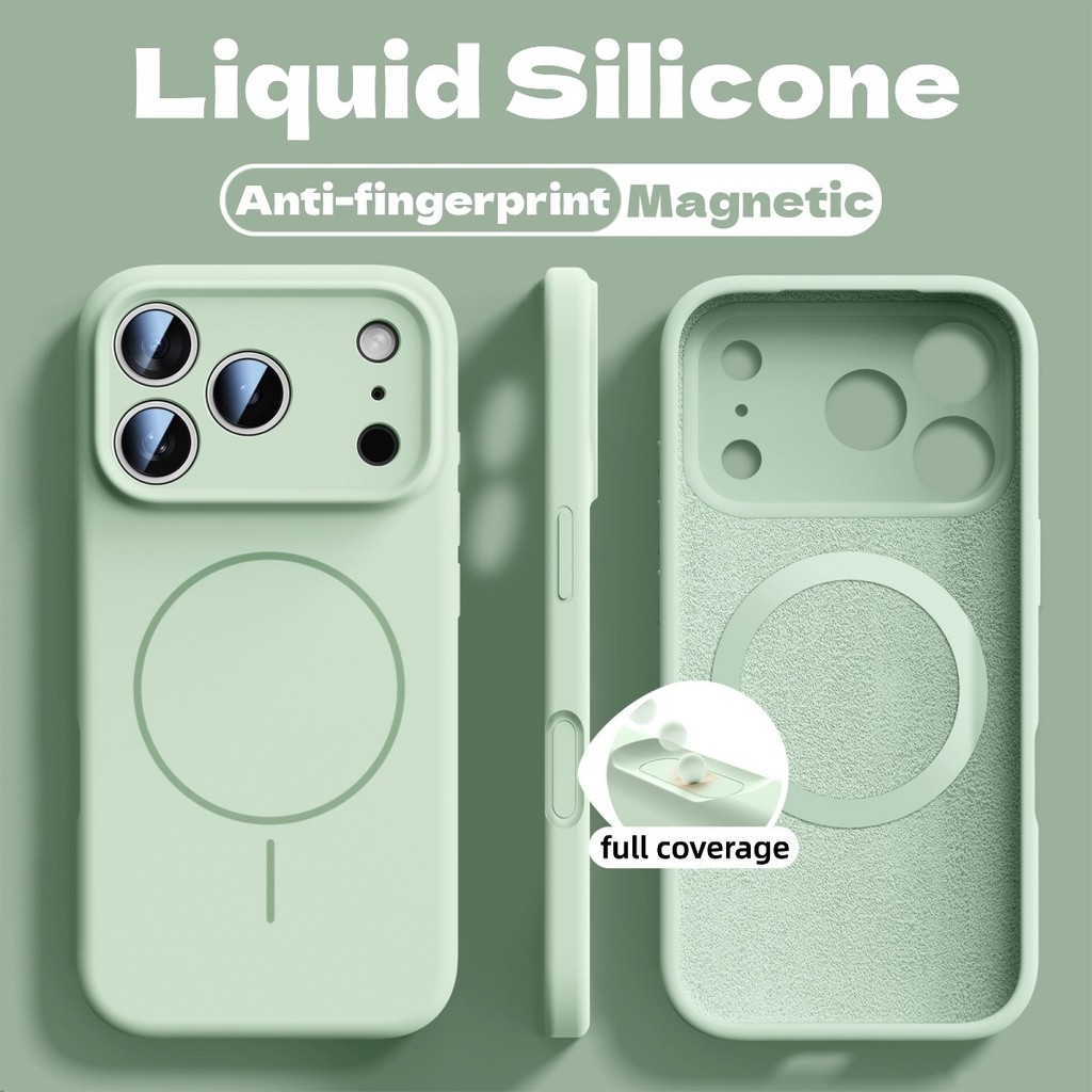 ใหม่ Minimalist Solid Matte Anti-Fingerprint ซิลิโคนเคสโทรศัพท์แม่เหล็ก Air-Cushion สําหรับ iPhone 17 16 15 14 13 12 Pro Max | Sage Green Luxury เคสกันกระแทก