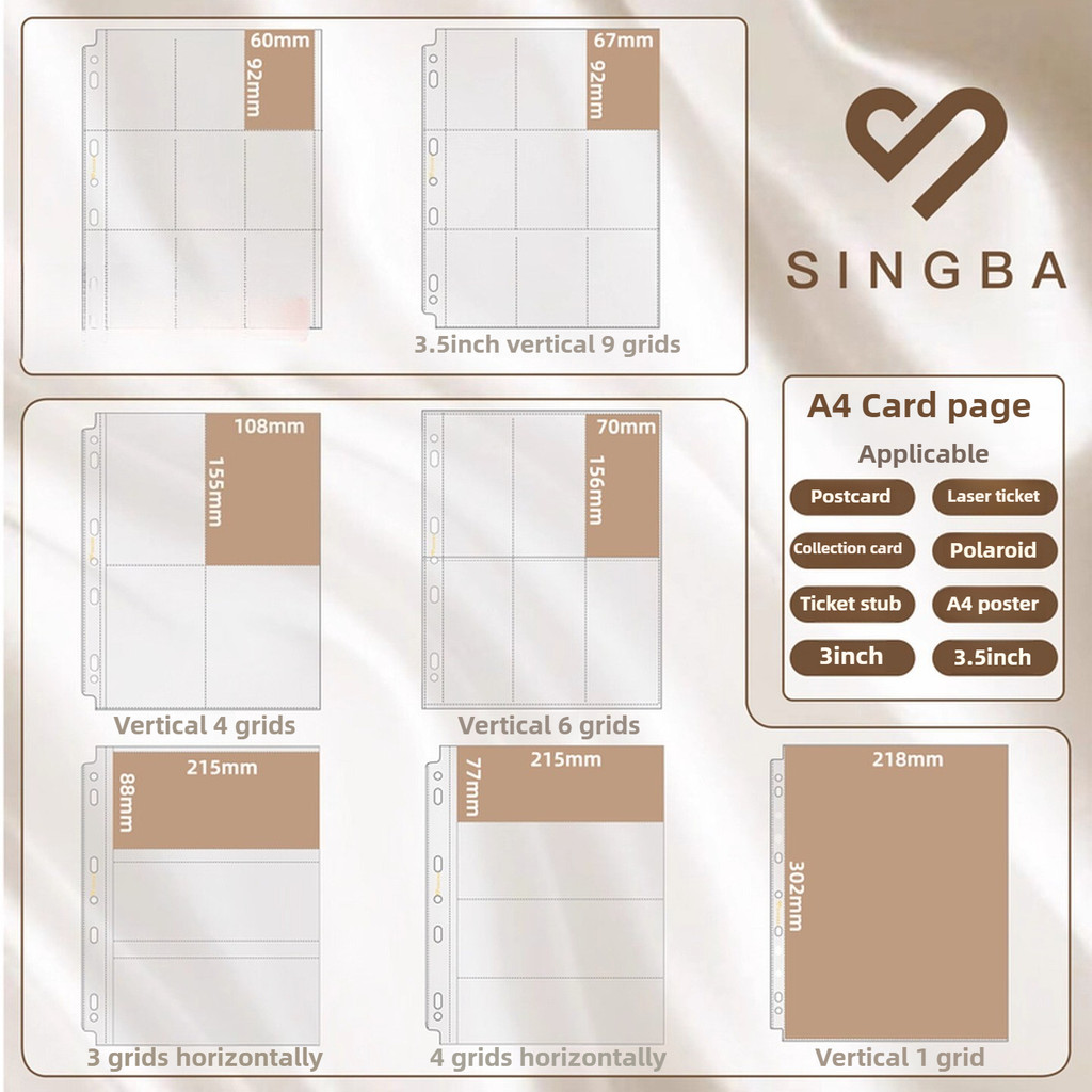 SINGBA 10 ชิ้น A4 Multi-Pocket หน้าสําหรับ Binder หลวมใบสําหรับการ์ดเทรดดิ้ง, รูปถ่าย, Instax Polaroid, กระดาษของสะสม