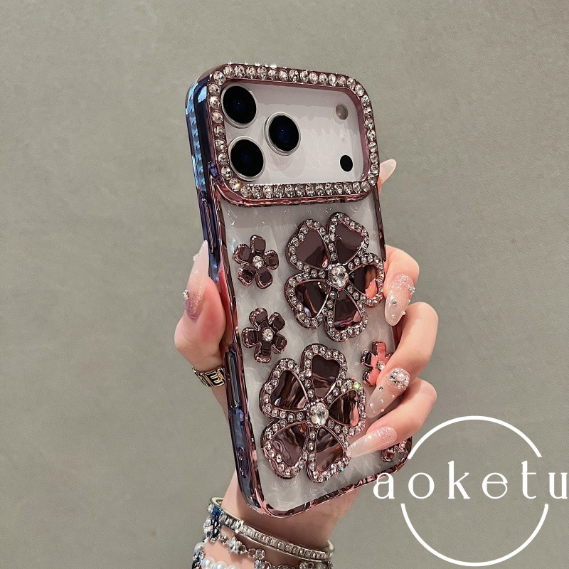 เพชรชุบด้วยไฟฟ้าฝังโคลเวอร์สีโปร่งแสงเหมาะสําหรับ แอปเปิล 17โปรแม็กซ์ เคสโทรศัพท์ 16/15/14/13/12 หรูหรารวมทุกอย่างเคสซิลิโ