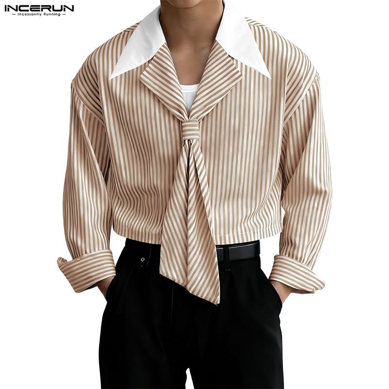 INCERUN เสื้อเชิ้ตผู้ชายสไตล์เกาหลี ลายเส้นแนวธุรกิจลำลอง ดีไซน์ทันสมัย