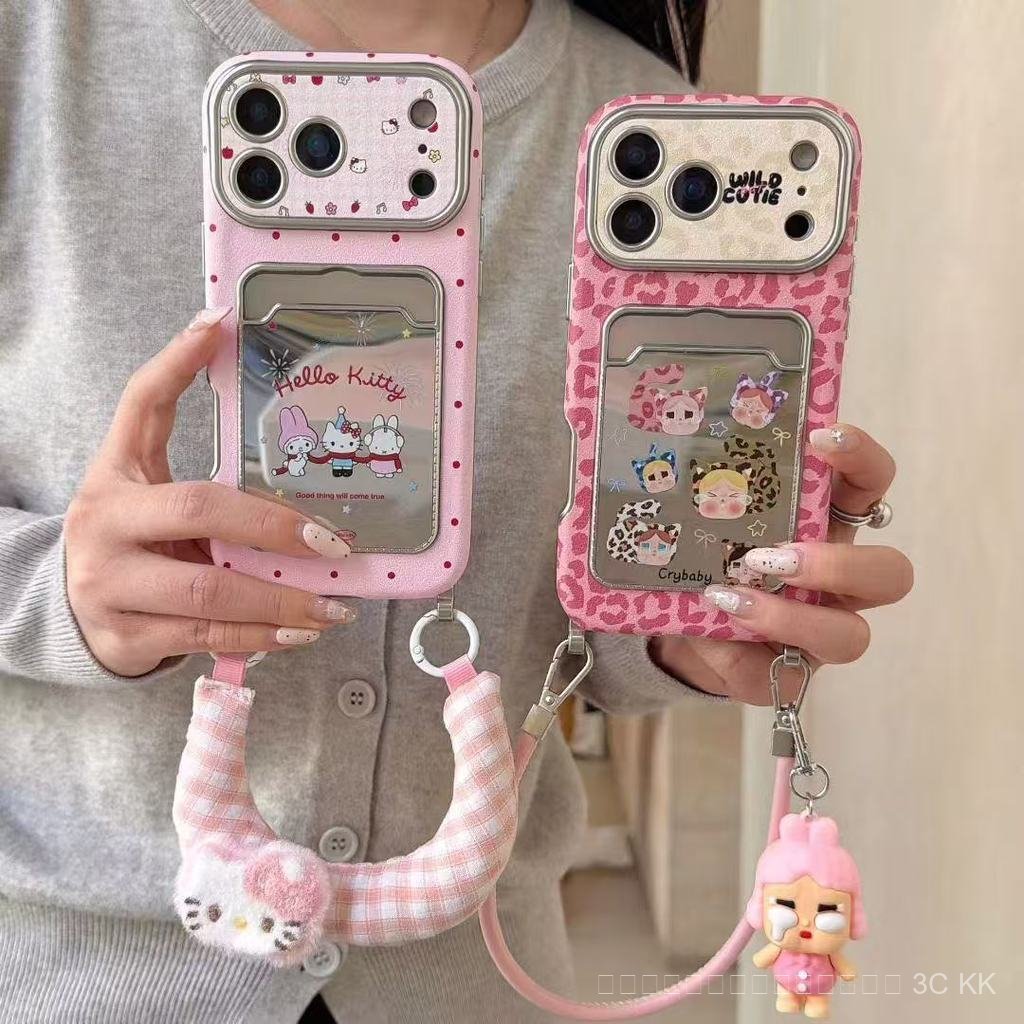 เคส iPhone ลายเสือดาวกับการ์ตูนร้องไห้ น่ารัก ไม่ซ้ำใคร พร้อมซิปใส่บัตรและสายคล้อง สำหรับ 17/16/15 Pro Max 14 13