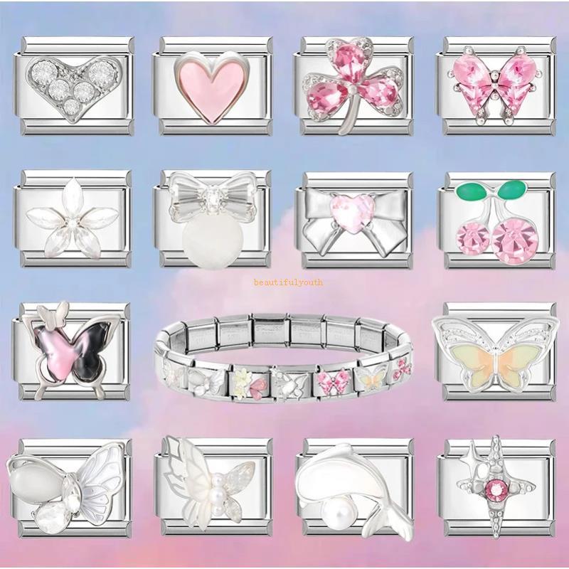 สร้อยข้อมือสแตนเลสสำหรับผู้หญิงพร้อมcharm linksและzircon bow knot ออกแบบสไตล์อิตาเลียน เหมาะสำหรับการทำเป็นของขวัญ