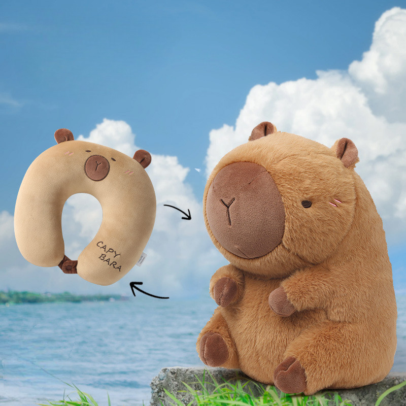 ตุ๊กตา Capybara เปลี่ยนได้, 2-in-1 U-Pillow & ตุ๊กตาสัตว์,น่ารักน้ําหมูคอ Rest, Unisex สําหรับเธอ/ฮิ
