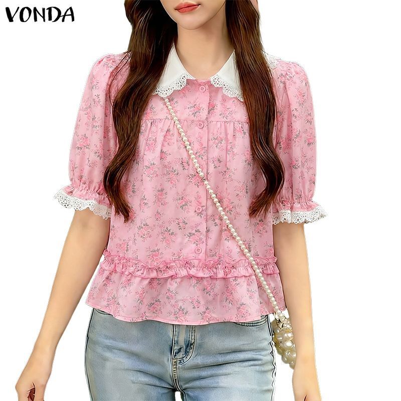 เสื้อสไตล์เกาหลีสำหรับผู้หญิง ทรง V-neck แบบตุ๊กตา สายเดี่ยวกลาง พับพวงมือ แขนสั้น สวยงามเหมือนดอกไม้ – โปรปัง