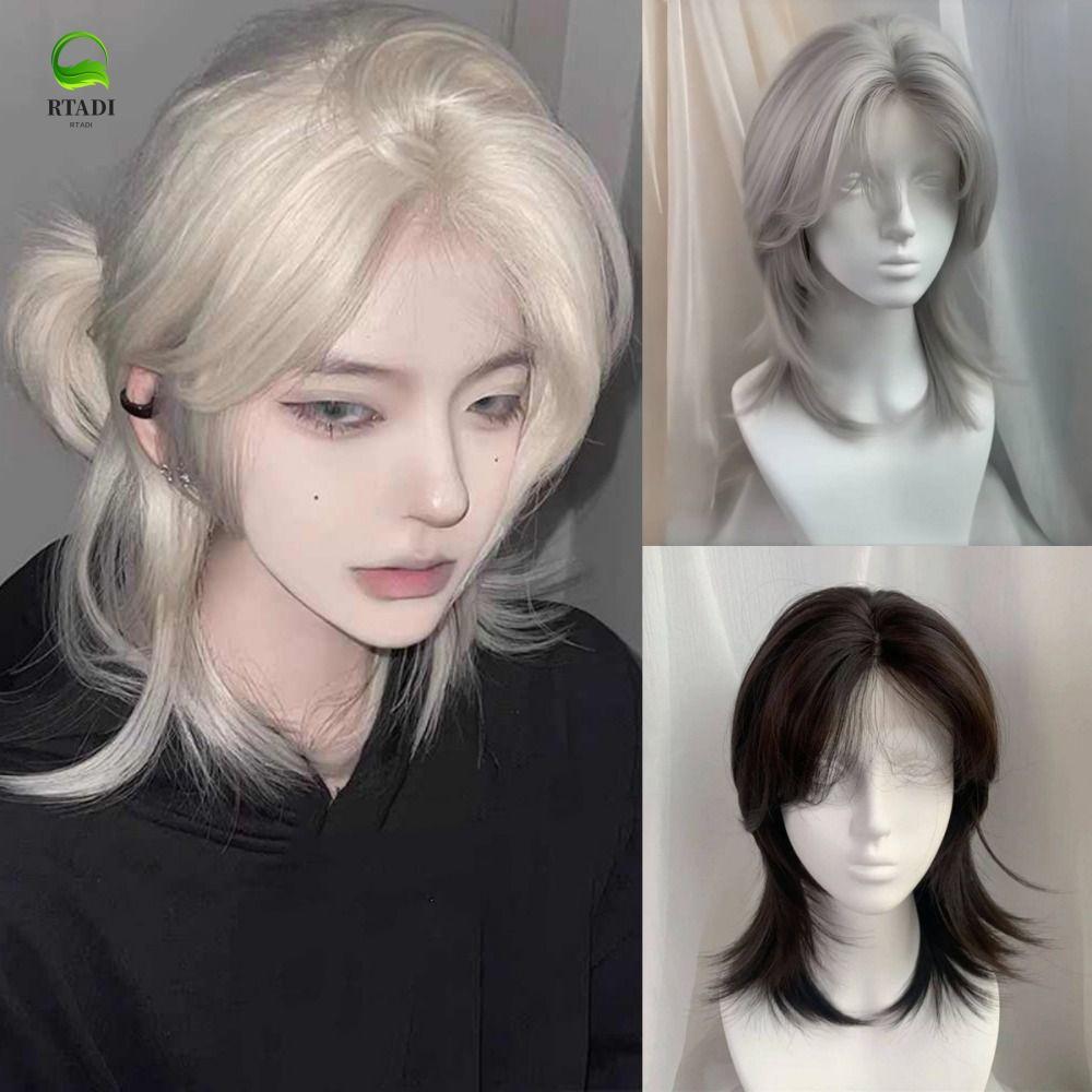 RTADI Mullet Wig สังเคราะห์, ออกแบบลายลูกไม้หมาป่า, สีขาวทองสำหรับสวมใส่วันประจำและคออนิเมะ