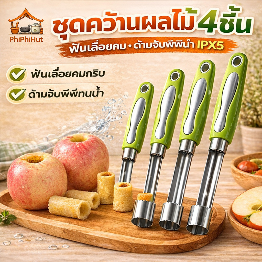 【จัดส่งในพื้นที่】PPH ชุดเครื่องมือคว้านผลไม้สแตนเลสด้ามจับพีพี IPX5 แกะเมล็ดเร็วทันใจ 4 ชิ้น