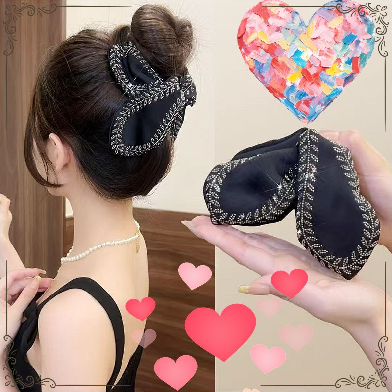 แฟชั่น Leaf Rhinestone ข้าวสาลีหู Crisscross กิ๊บติดผมซาตินสีดํา Bun Hair Claw & เครื่องประดับผมสําหรับผู้หญิง