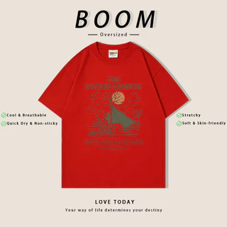 BOOM ฤดูร้อน เสื้อยืดสั้นแขนผ้ายืด สไตล์เรโทร Oversize ลาย THE NATURE CAMPING คุณภาพ ระบายอากาศดี (เงินสดปลายทาง)