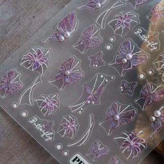 HAMA Elegant 3D นูนผีเสื้อเล็บสติกเกอร์สไตล์เกาหลี Fairy ดอกไม้เพิร์ลกาว Decals French เล็บเล็บ DIY ตกแต่ง