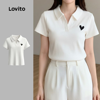 Lovito  เสื้อยืดลําลองสีขาวปักลายเรียบง่ายสําหรับฤดูใบไม้ผลิ…