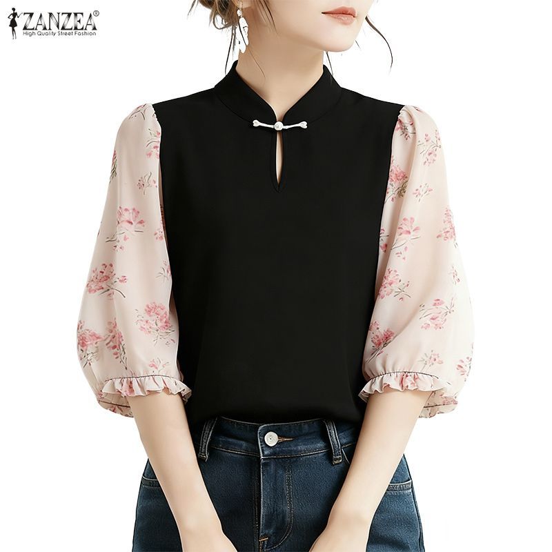 ZANZEA ซานเซีย เสื้อผู้หญิงสไตล์จีนแขน3/4 ลายดอกไม้คมชัด สบายๆสำหรับสวมใส่ง่าย