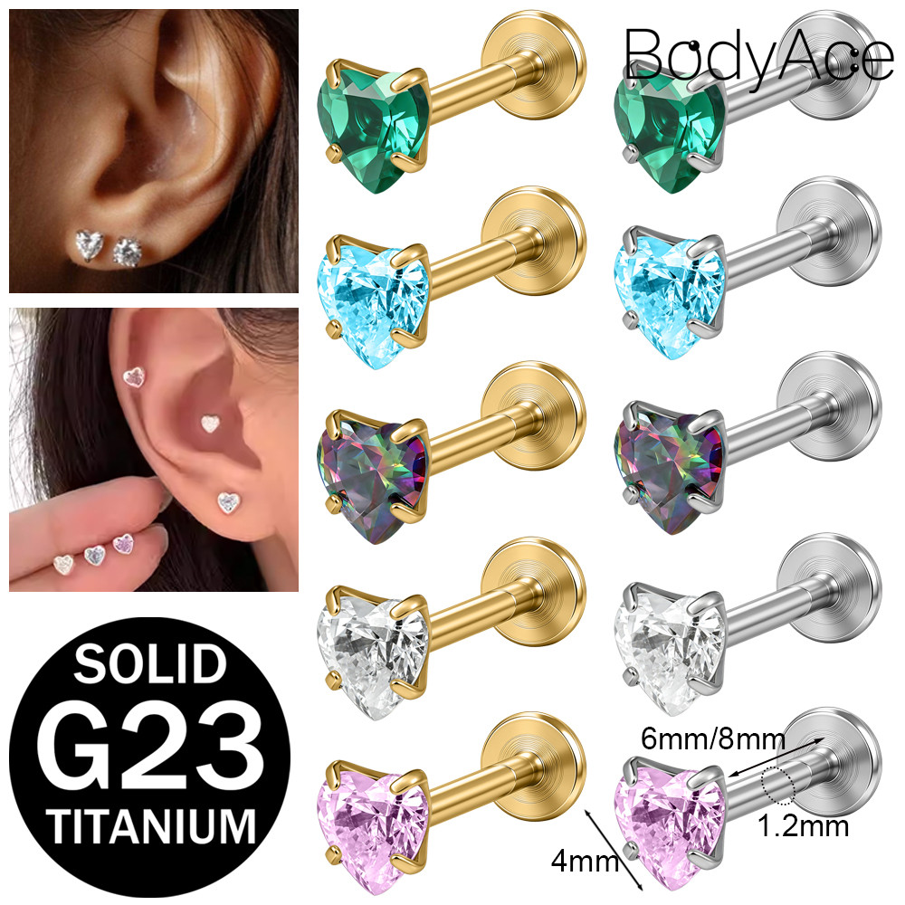 Bodyace 1 Pc Medical Titanium ต่างหูหัวใจต่างหูคริสตัลเงาหรูหราสตั๊ดต่างหู Anti-Allergy Ear STUD ไม่จําเป็นต้องลบเจาะเครื่องประดับ