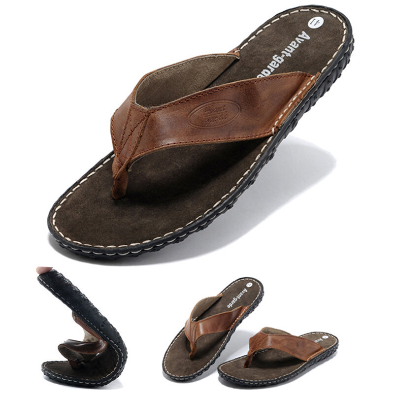 Summer Cowhide Flip-flops Men Leather Slippers Men's Beach Shoes Breath Leisure Sandals Fashion Spli