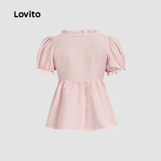 Lovito แคชชวล เสื้อเบลาส์น่ารักผูกหน้า ใส่สบาย เรียบง่าย สไตล์ฤดูใบไม้ผลิ/ฤดูร้อน สีชมพู สําหรับผู้หญิง เกาหลี อินเทรนด์ L185AD673