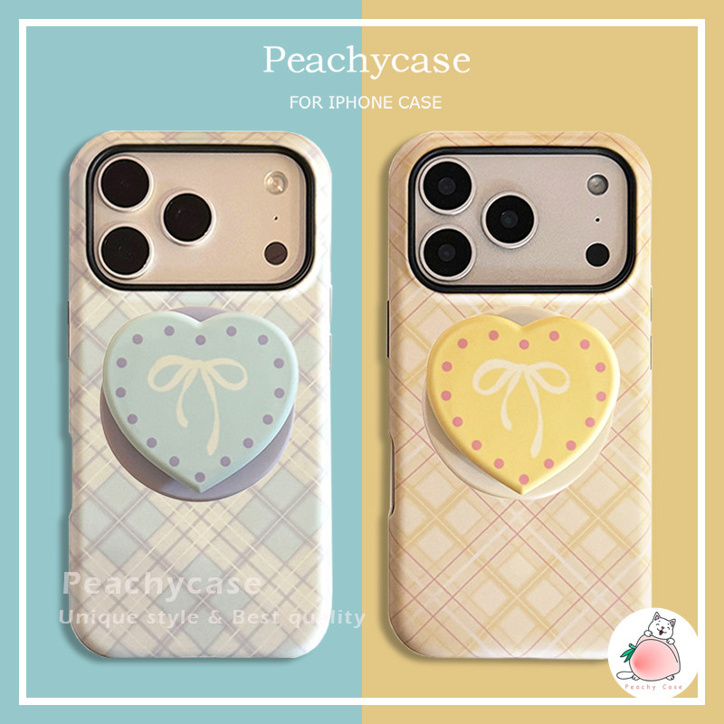 INS Bowknot Polka Dot Love Heart Holder ขาตั้งโทรศัพท์มือถือสําหรับ iPhone 17 16 15 14 13 12 Pro Max 11 Shock Proof Hard PC ฝาหลังลายตาหมากรุกปลอกแม่เหล็ก