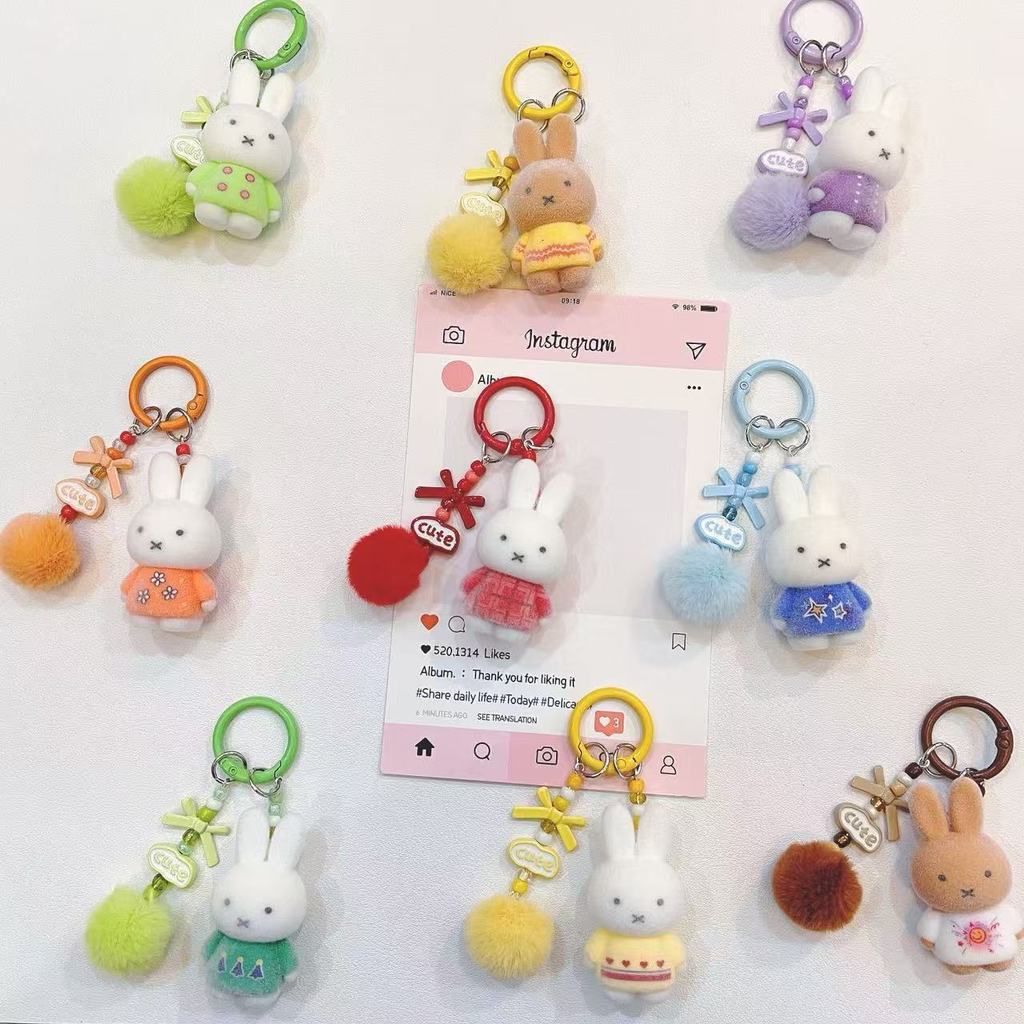 Kawaii Miffy Bunny Plush Bunny Keychain Cute CartoonBunny Bag Charm with Pom Pom Ball | จี้แหวนกุญแจแบบนุ่มสําหรับกระเป๋าและกุญแจ | ของขวัญความงามสําหรับเด็กผู้หญิง | พิ้งกี้ฮาเวน