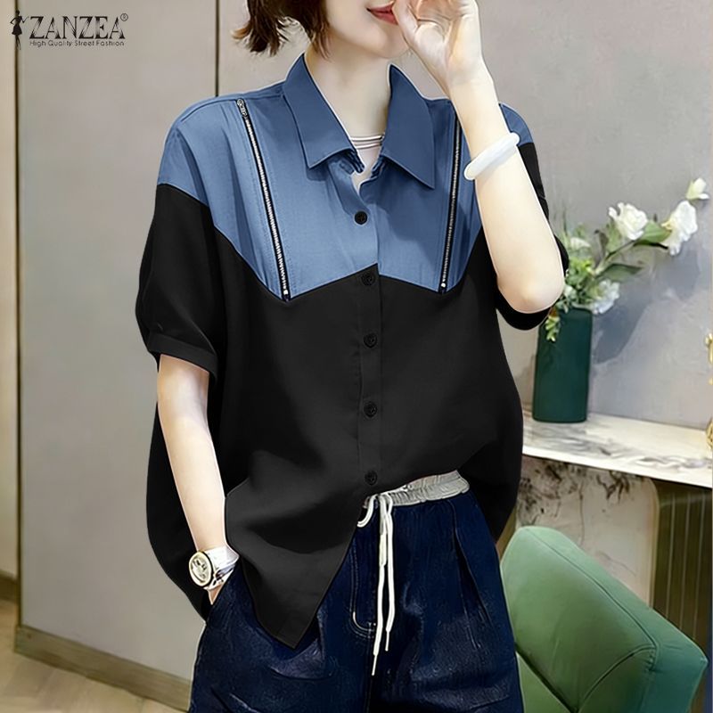 ZANZEA เสื้อผ้าสไตล์เกาหลีสำหรับผู้หญิง แจ็กเกตดีนิมแบบเรียบๆ มีกระดุมและซิปรูปแบบตัดต่อสี — صورة 5