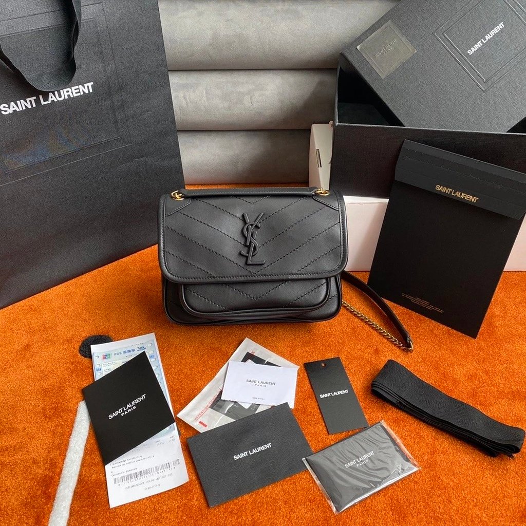 YSL Black-Niki Retro กระเป๋าสะพายหนังแท้ ทรงใหม่ ขนาดใหญ่ สายโซ่