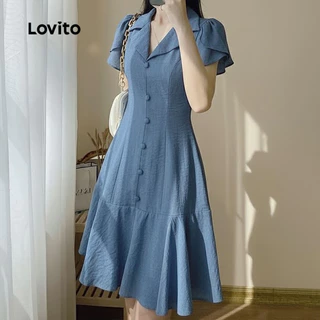 Lovito เดรสสวยหรู ระบายกระดุม สีฟ้า สำหรับฤดูใบไม้ผลิและฤดูร้อน สำหรับผู้หญิง LK3ED102