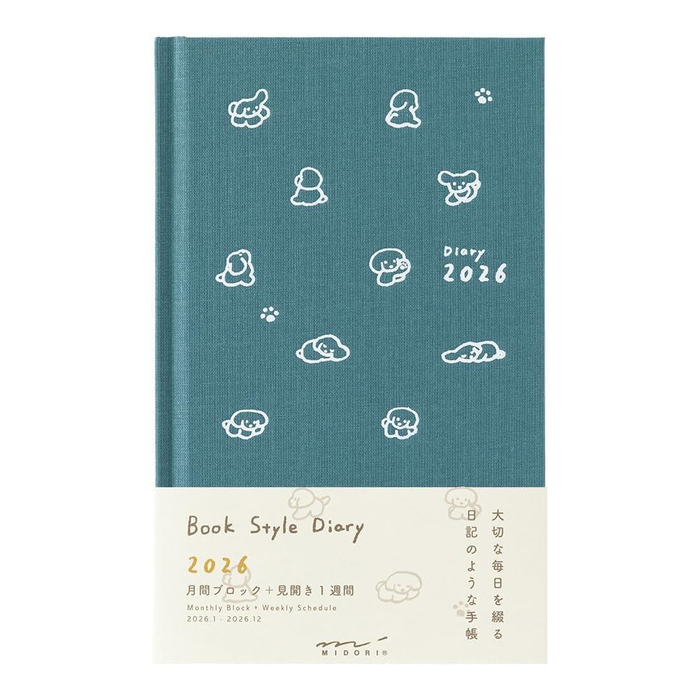Midori Book-Style Diary Planner 2026, B6 Variant, Weekly, Dog Pattern, Blue-Green, 22380006 (January
