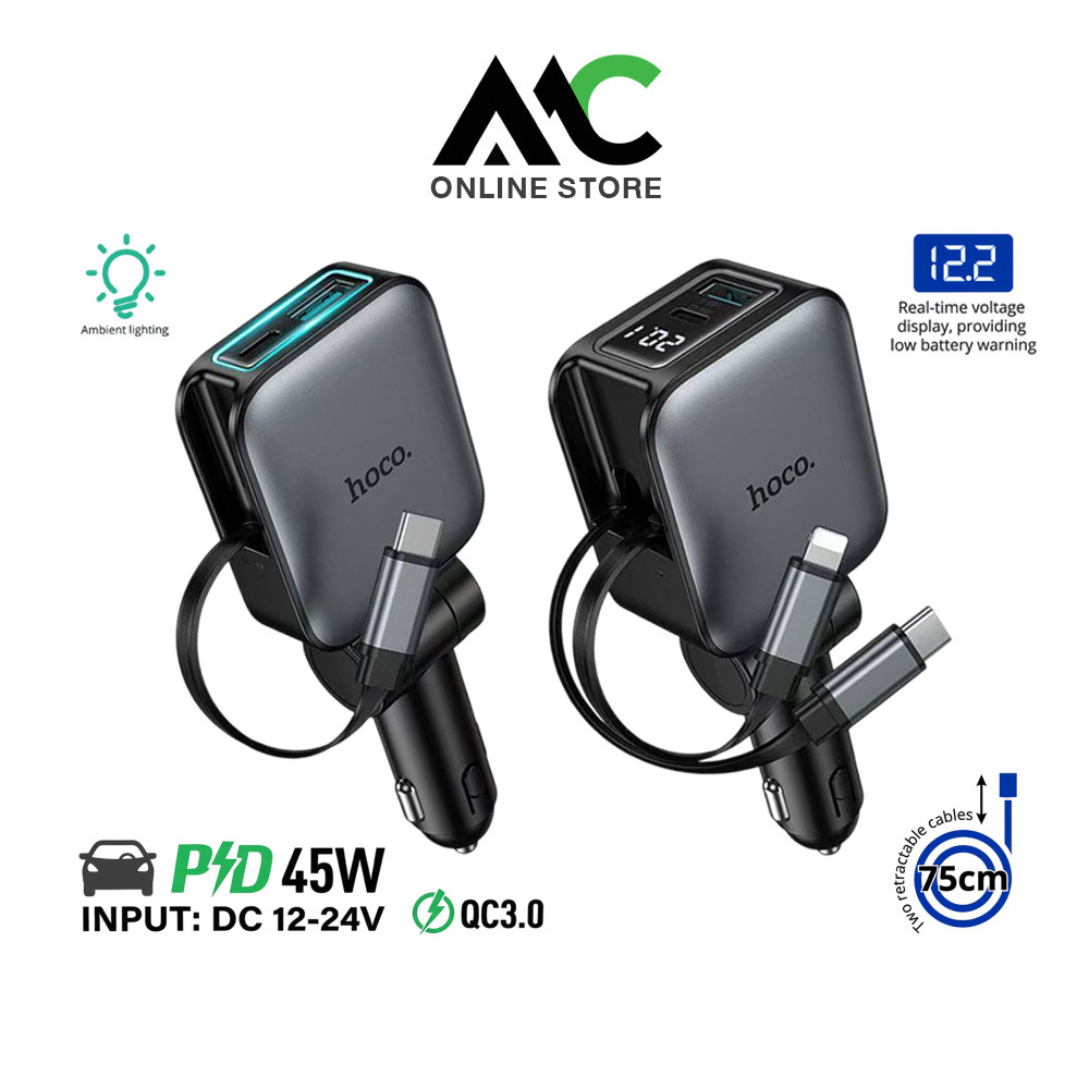 HOCO Z67/Z67A ที่ชาร์จในรถยนต์ 60W Type-C/iOS ที่ชาร์จเร็วในรถ แบบพับได้ สายชาร์จยืดหดได้