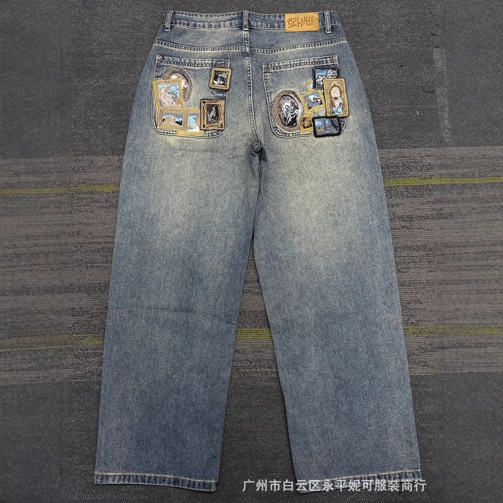 6Q8N Derchutze Denim Jeans Embroidered straight-leg jeans with graphic print, street casual loose-fi