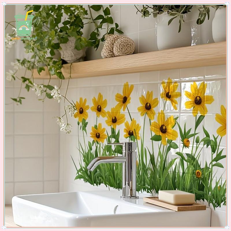 [สี] ดอกไม้สดรูปแบบอ่างล้างจานพื้นที่ Baground Wall Stier ผนังห้องน้ําตกแต่ง Self-Adhesive ที่ถอดออกได้กันน้ํา