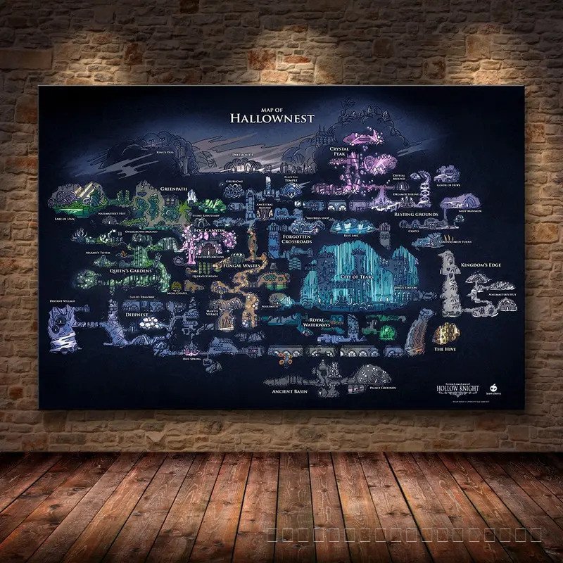 Hollow Knight Hallownest แผนที่เกมโปสเตอร์ HD ผ้าใบ Wall Art สําหรับตกแต่งบ้านตกแต่งภาพวาดโปสเตอร์พิมพ์