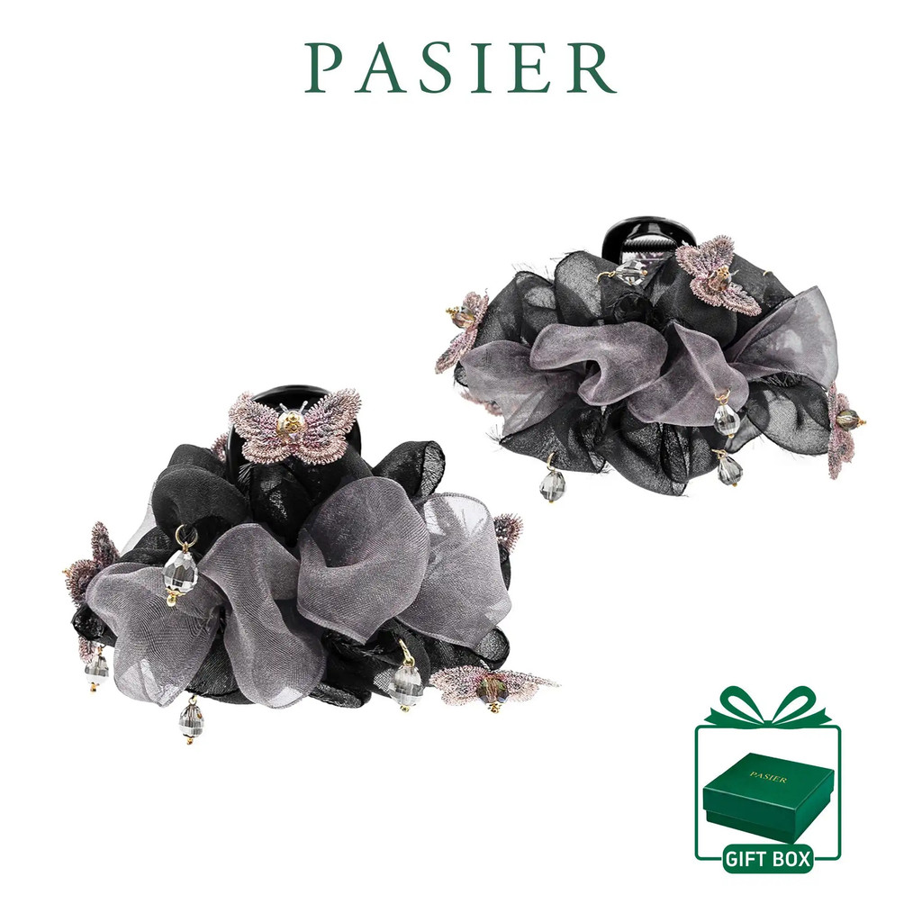 PASIER กิ๊บติดผมผีเสื้อสีชมพู, งานฝีมือผ้าโปร่งสีเทาสีดํา, จี้ผีเสื้อคริสตัล, เครื่องประดับผมทุกวันอเนกประสงค์หรูหรา FB2970