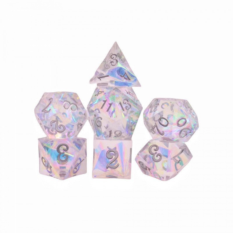 มุมขวาบรรจุ Granular ลูกเต๋าคริสตัล Face Silver Dice 7 Magic สีชุด d4 เรซิ่น Sharp มุม dnd เกมกระดาน