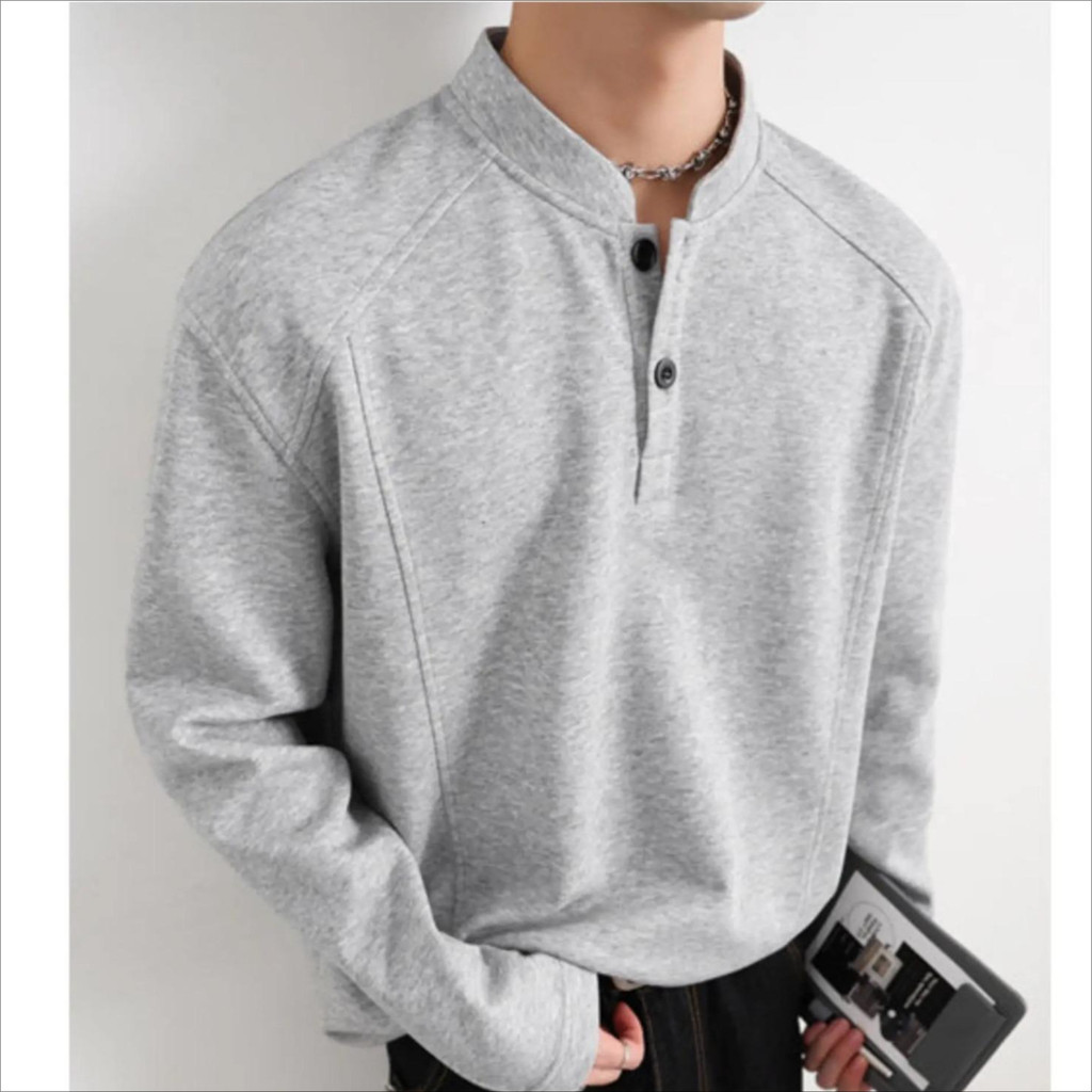 MNO.9 Henley shirt CX81 เสื้อยืดแขนยาว คอHenley สไตล์เกาหลี สี ดำ ขาว เทา สีพื้น ชายหญิงใส่ได้