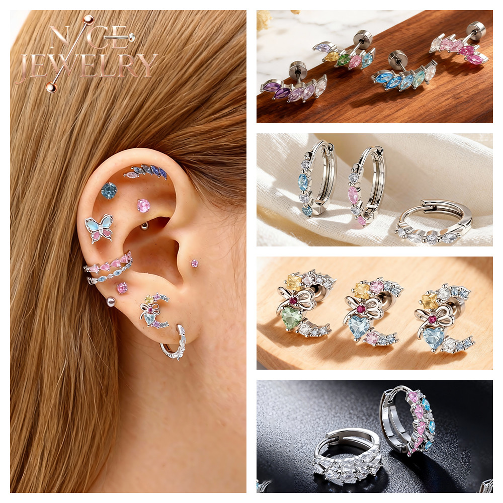 ต่างหู Huggie คริสตัลสีฟ้า สำหรับการเจาะหูที่.rook, tragus และ helix