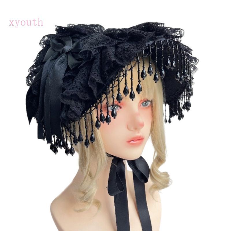 XY สีดําพู่ลูกไม้ Bonnet หมวก Dark Series Headwear สําหรับ Theme Event Gathering